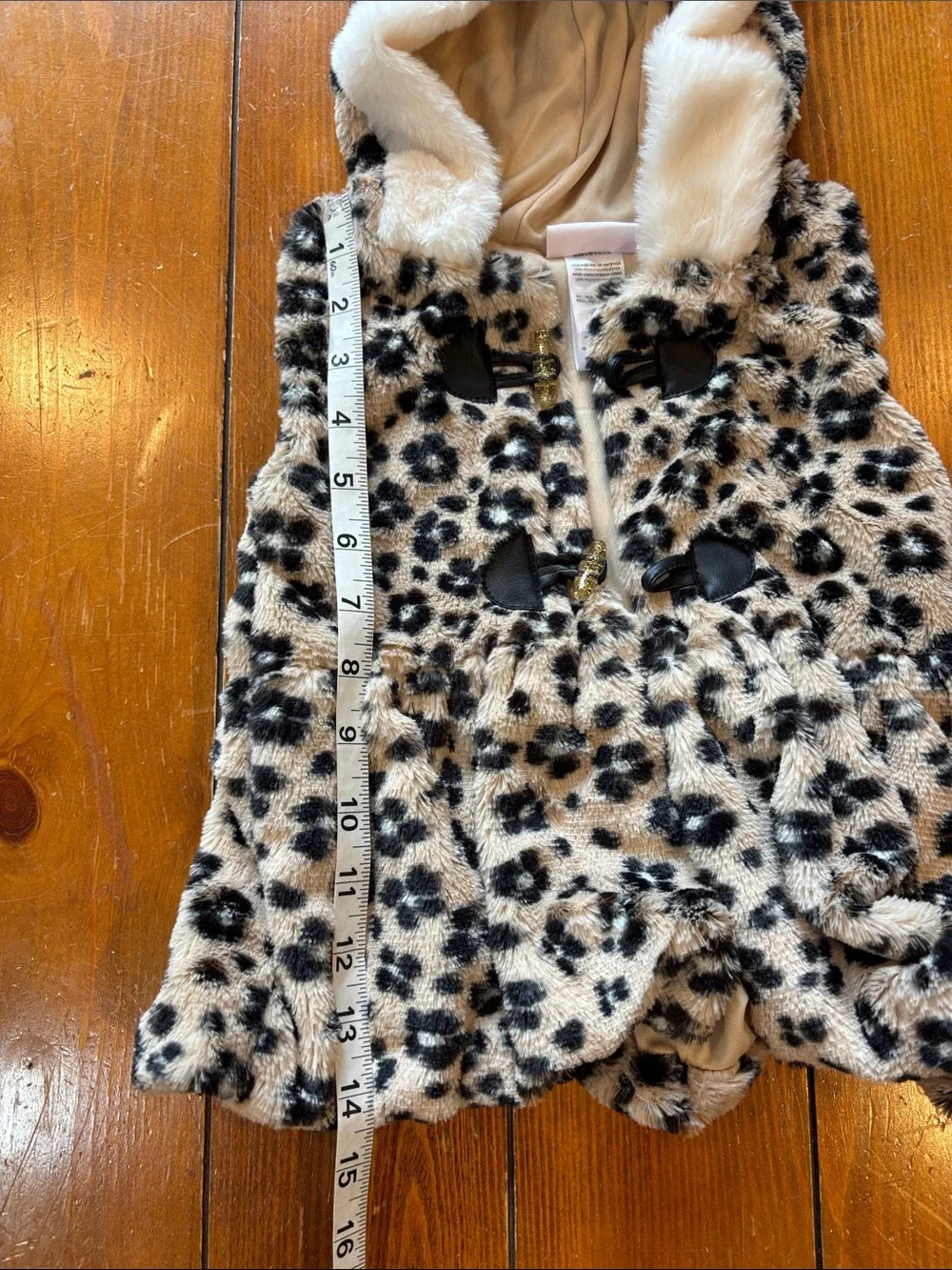 Little Lass Tan, Cream and Black Faux Fur Baby Hooded Vest Size 18 Months EUC